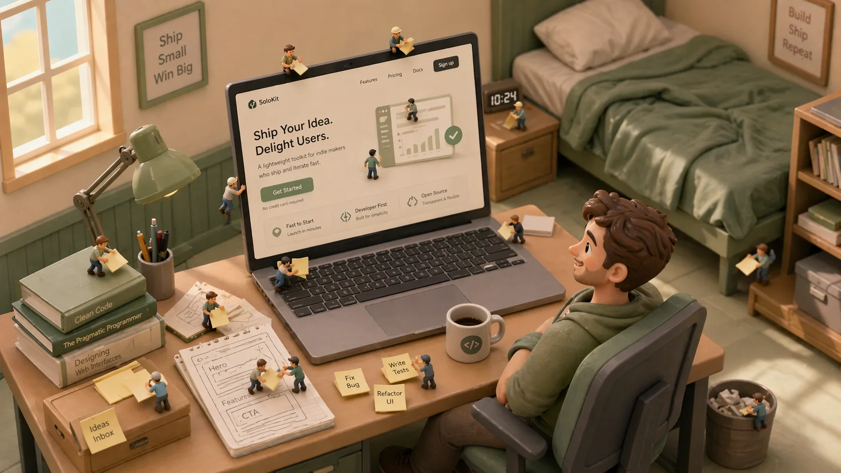 Indie developer at a home workspace with synthetic-user helpers organizing notes and sketches.