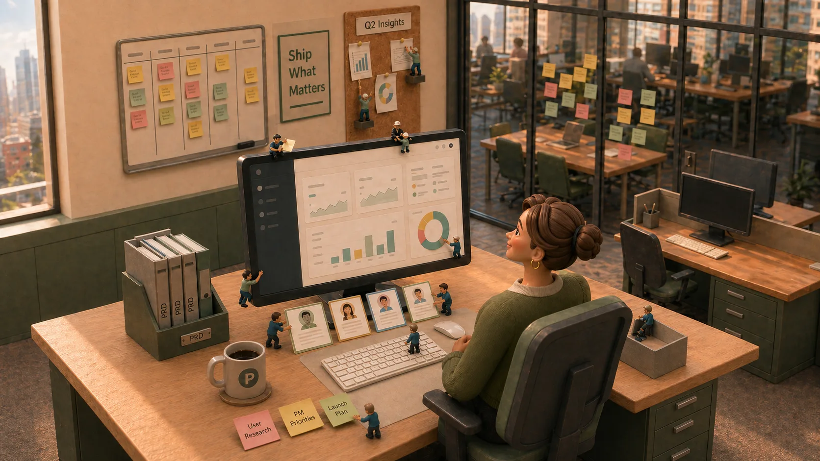 Product manager at her desk inside an enterprise team space — synthetic-user helpers organize a row of persona cards, pin reports to a Q2 Insights cork strip, and tidy sticky notes on the desk.